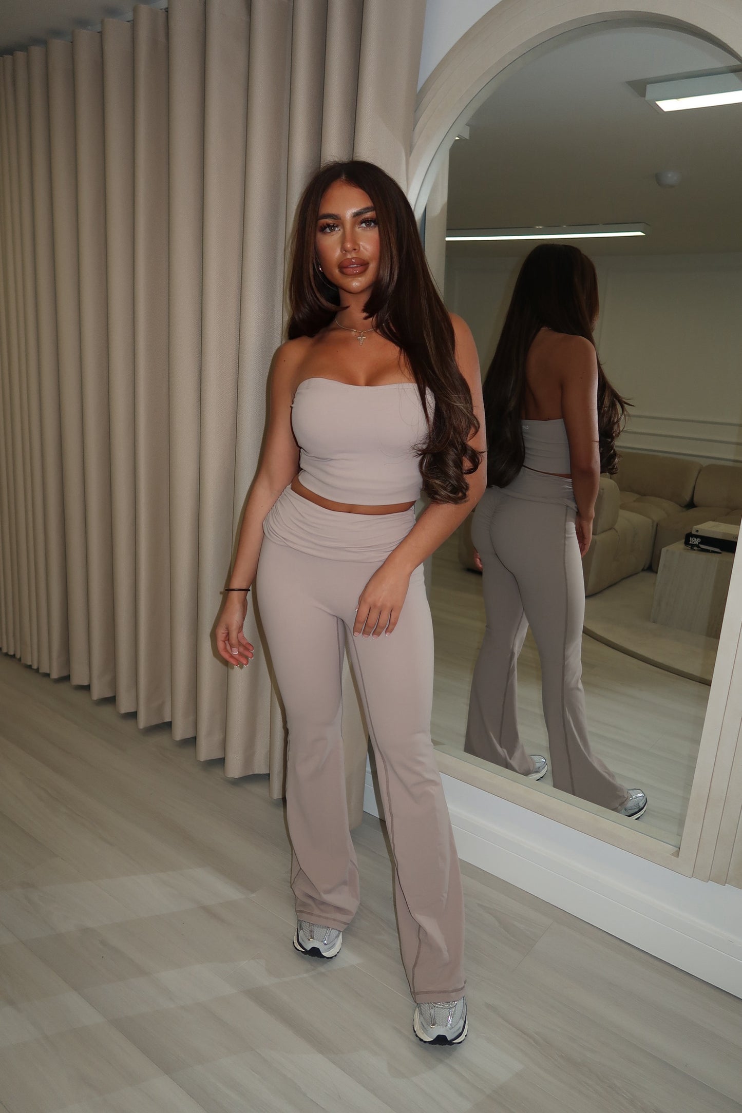Beige bandeau top & flare pant two piece set