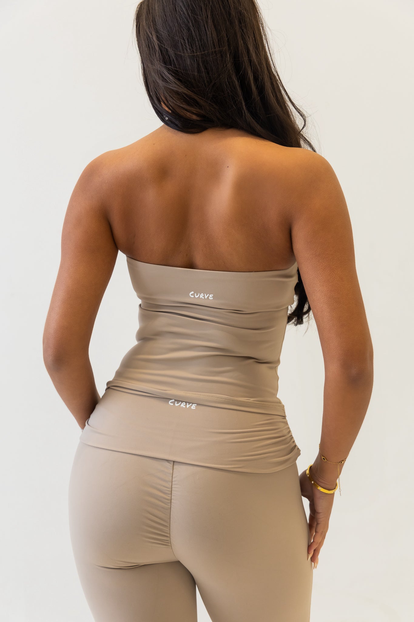Beige bandeau top & flare pant two piece set