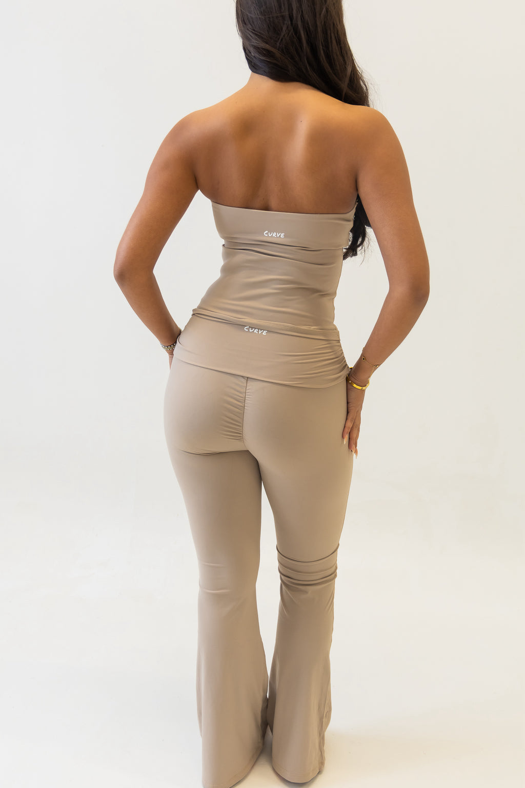 Beige bandeau top & flare pant two piece set