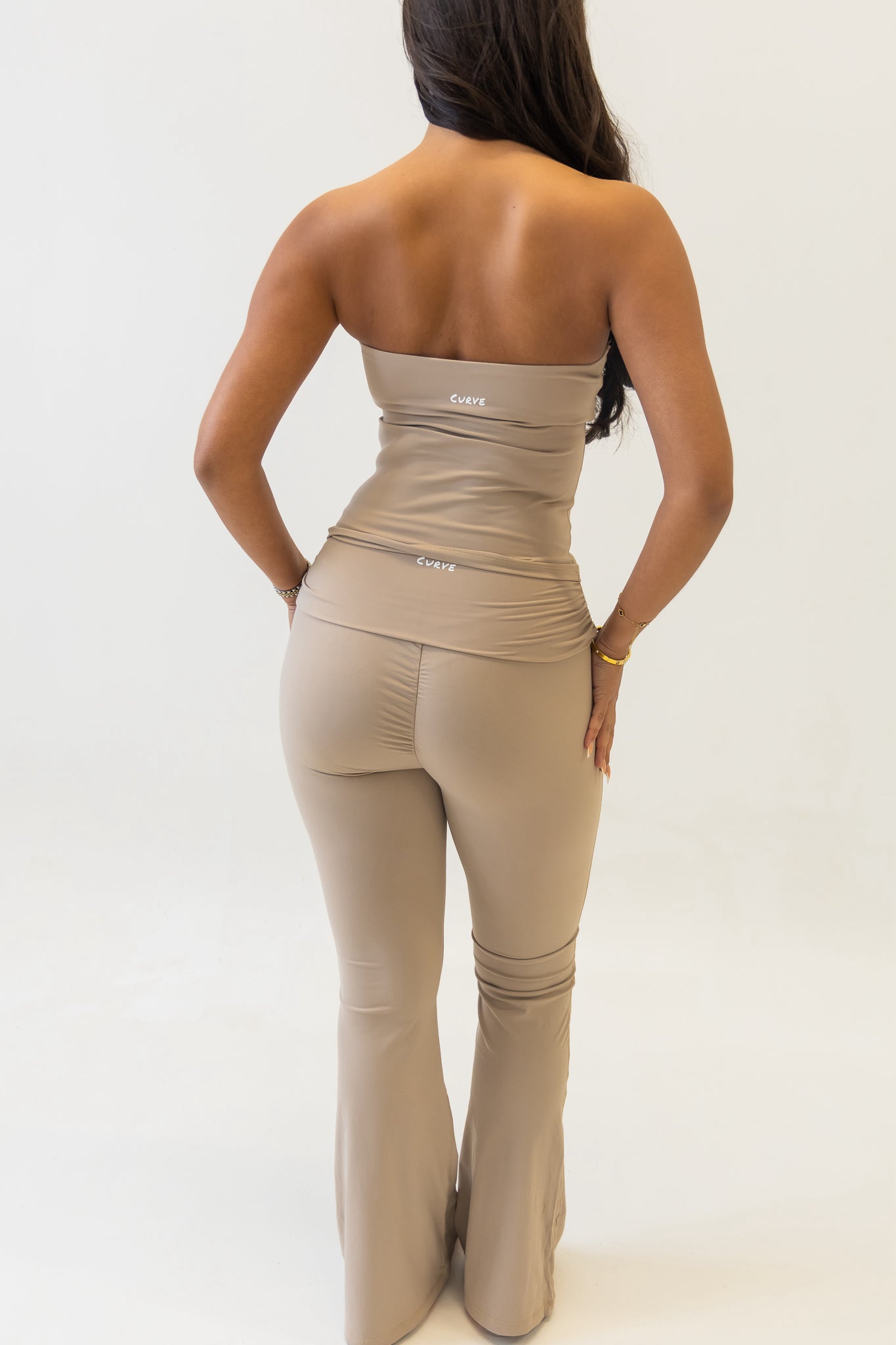 Beige bandeau top & flare pant two piece set