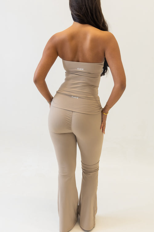 Beige bandeau top & flare pant two piece set