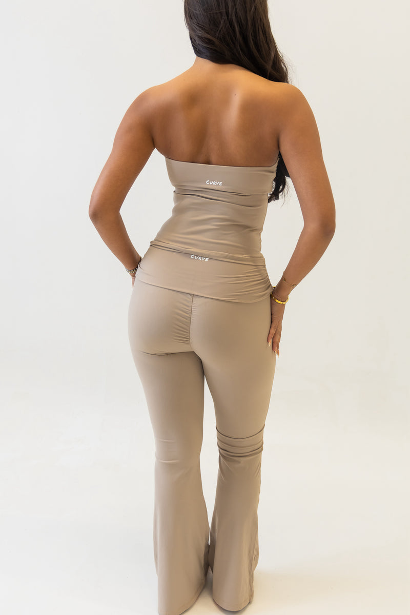 Beige bandeau top & flare pant two piece set