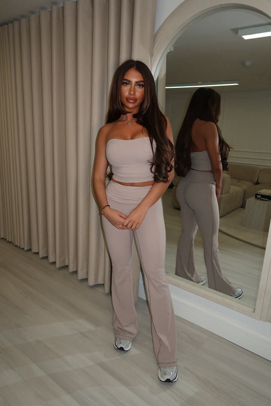 Beige bandeau top & flare pant two piece set