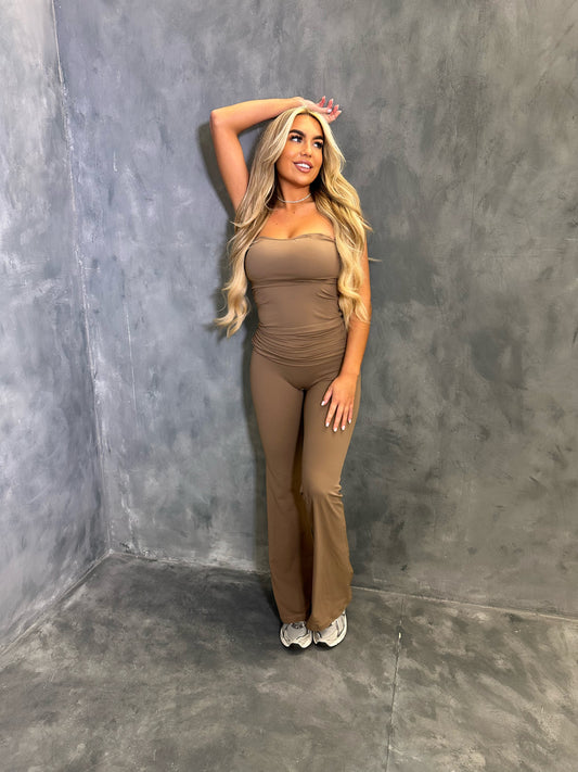 Brown bandeau top & flare pant two piece set