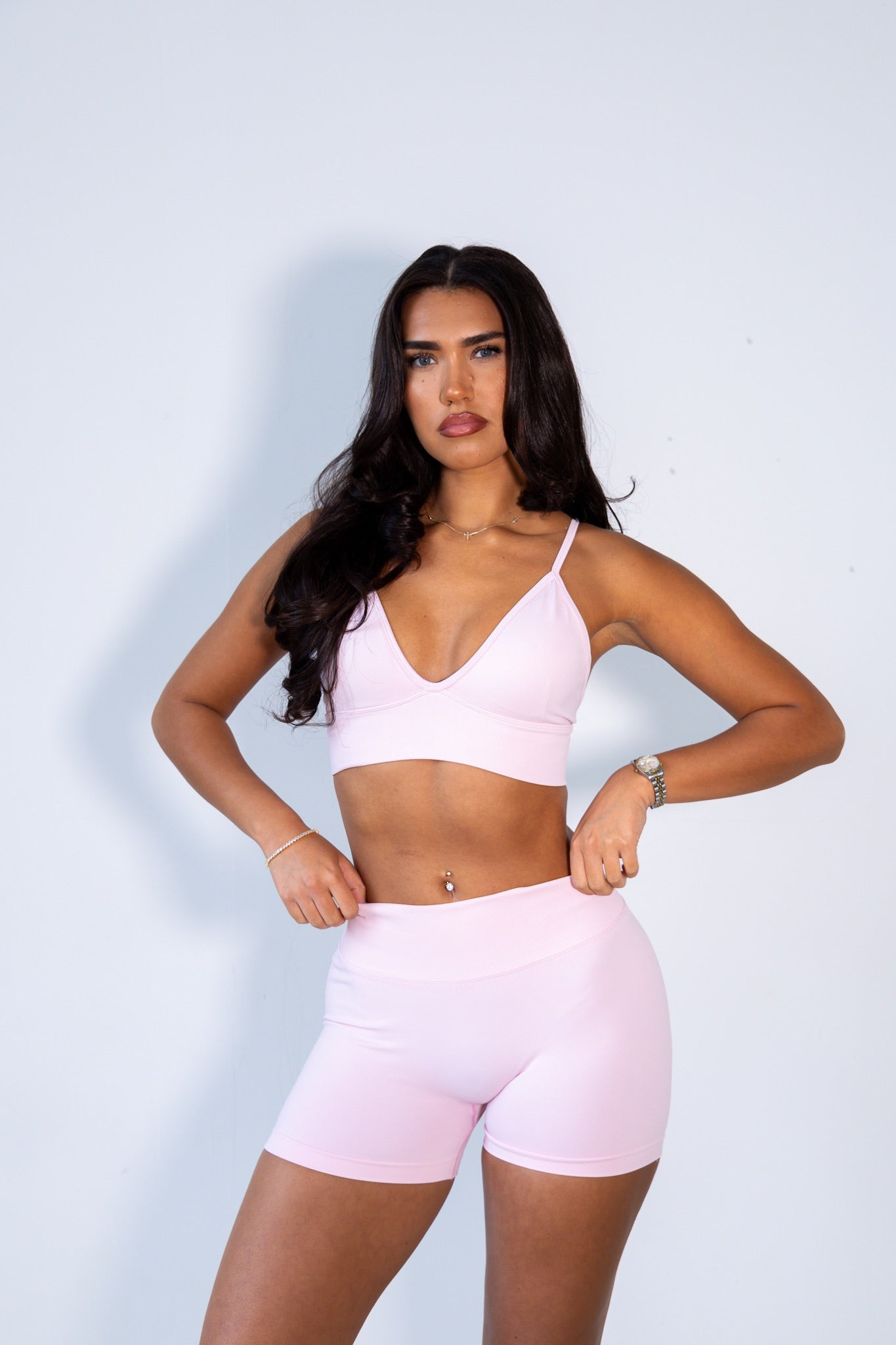 Powder puff pink sports bra