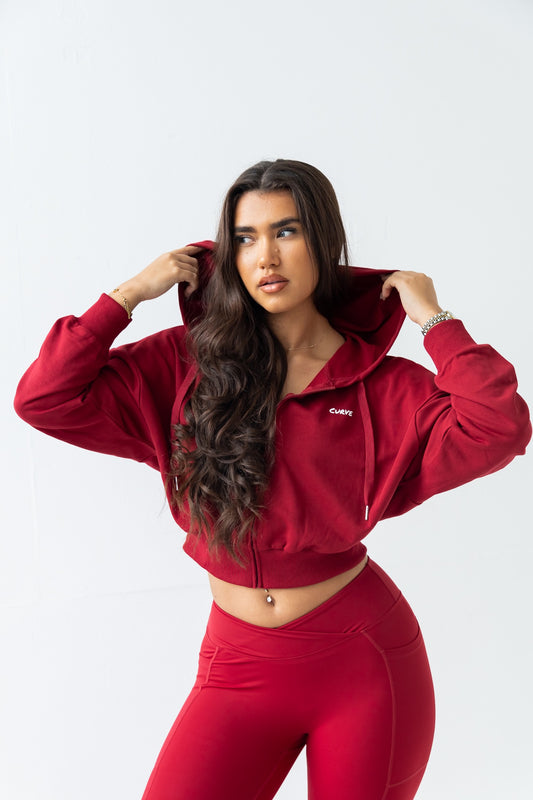Maroon cropped zip up hoodie