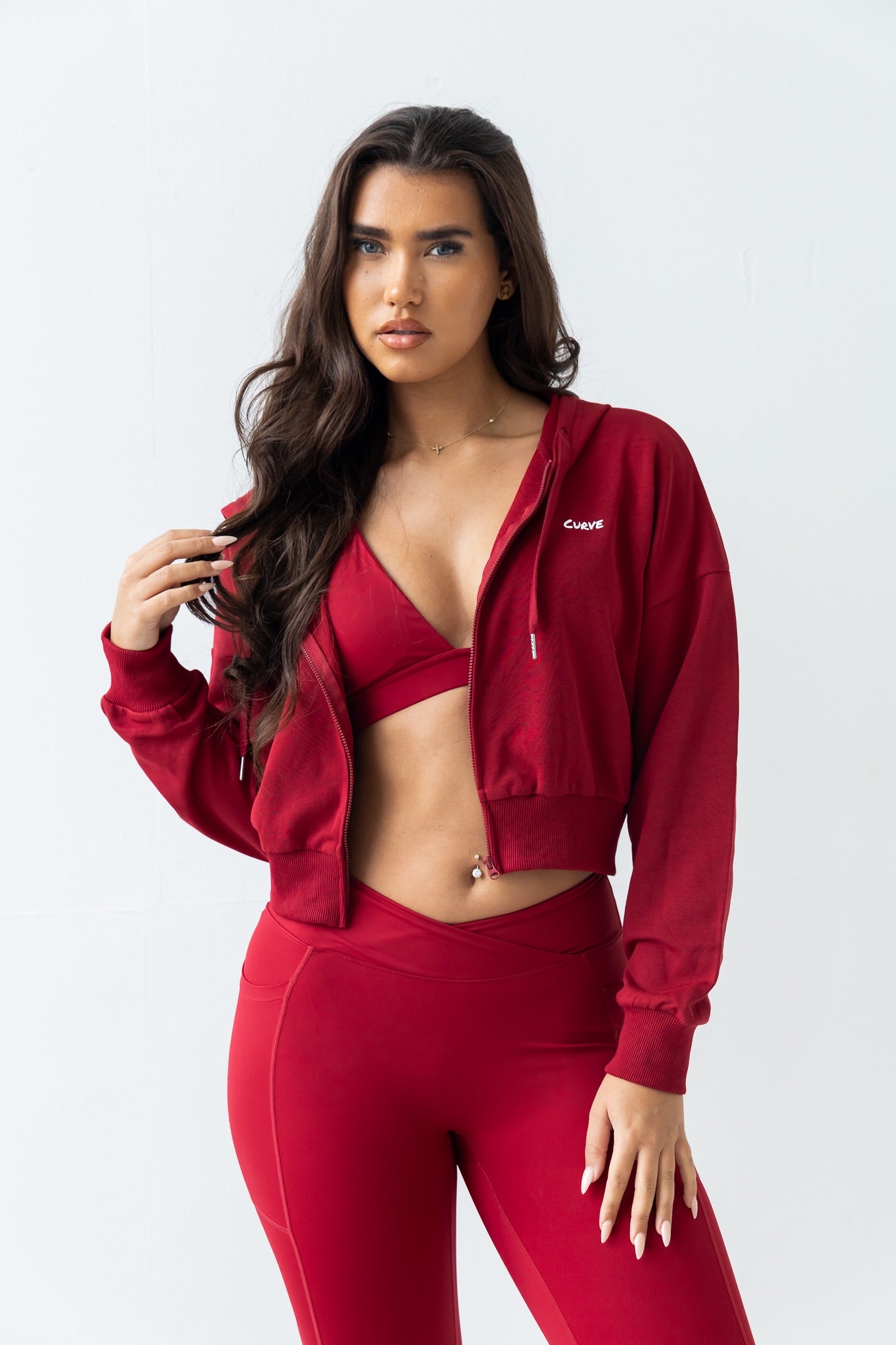 Maroon cropped zip up hoodie