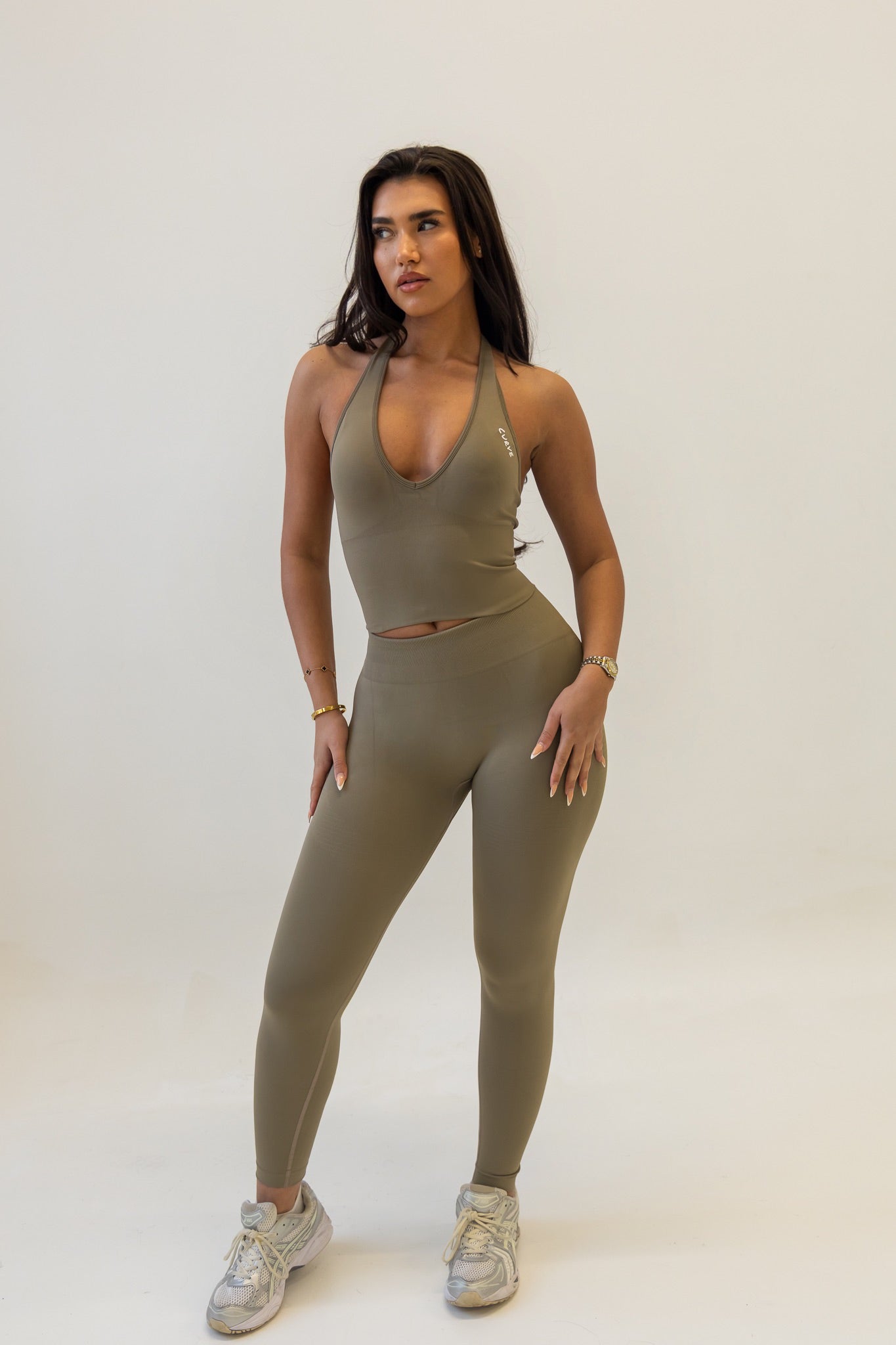 Khaki halterneck 3 piece legging set