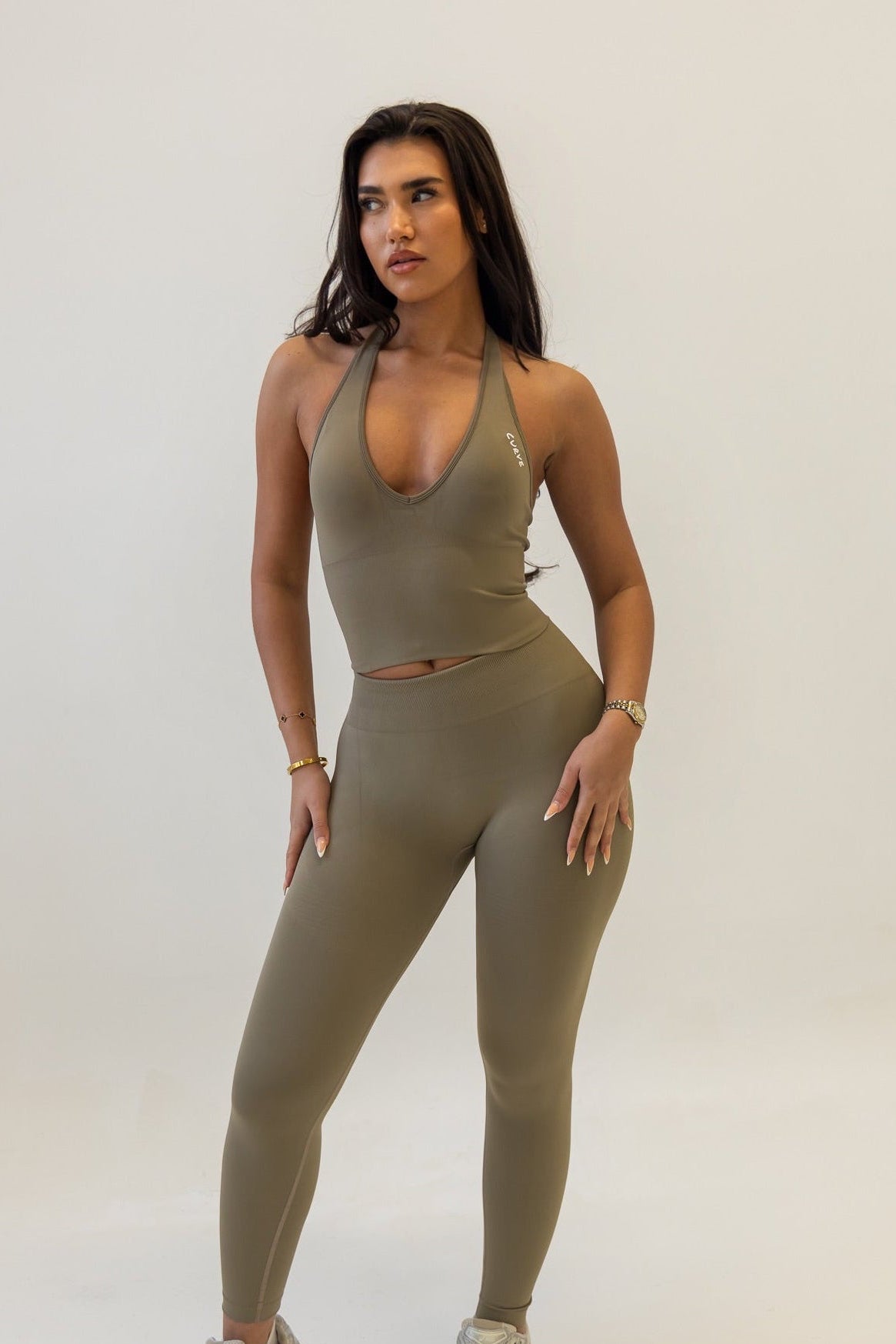 Khaki halterneck 3 piece legging set