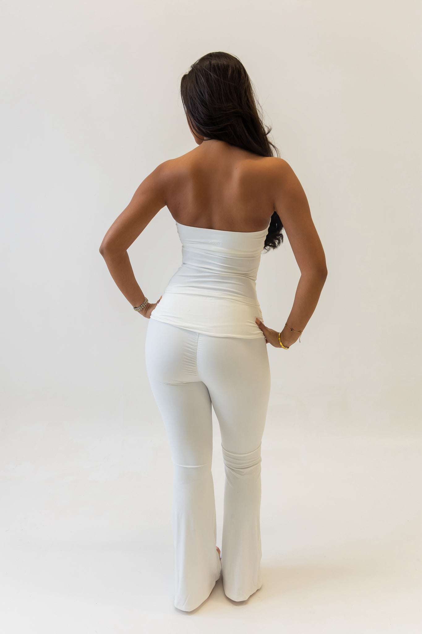 White bandeau top & flare pant two piece set