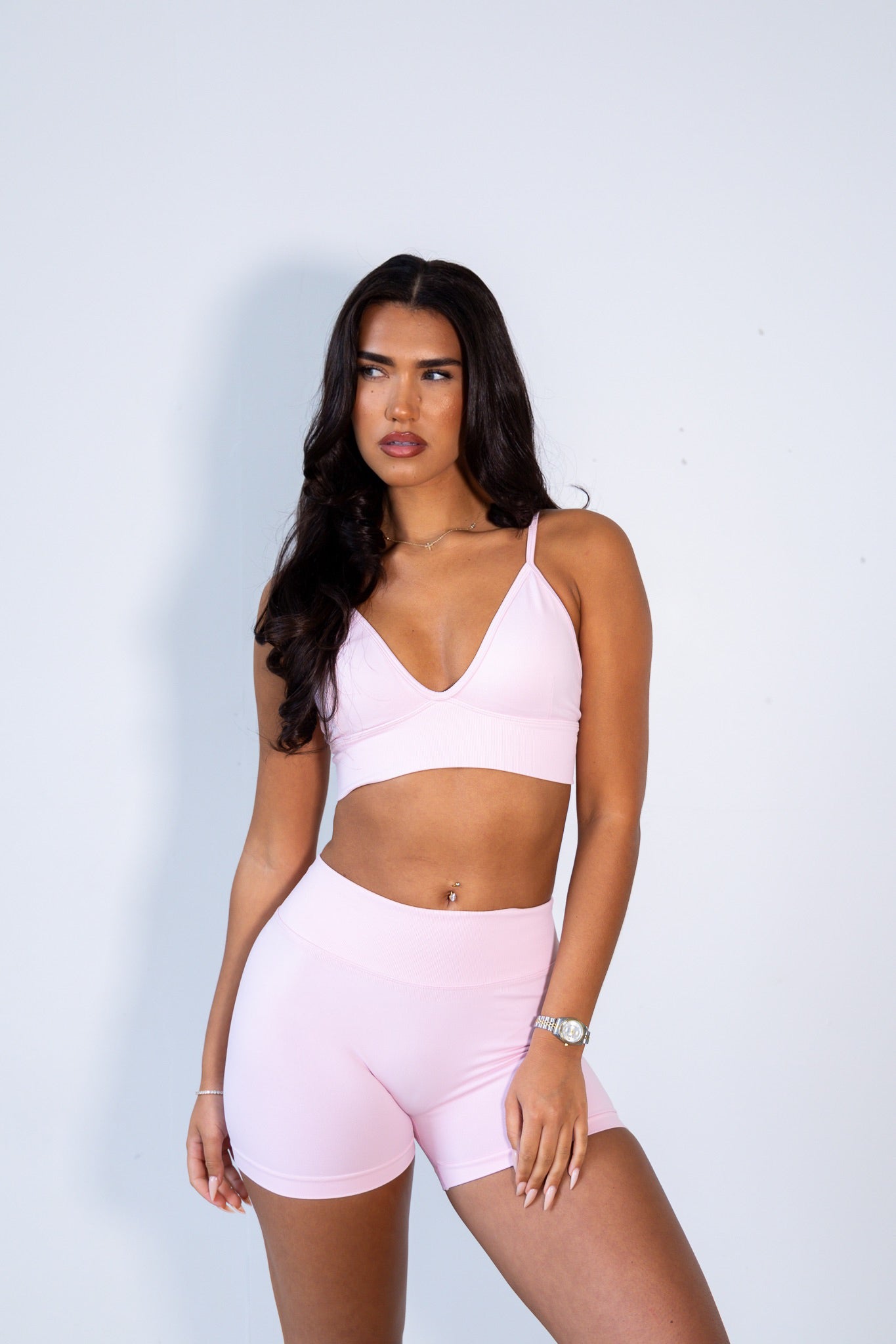 Powder puff pink sports bra